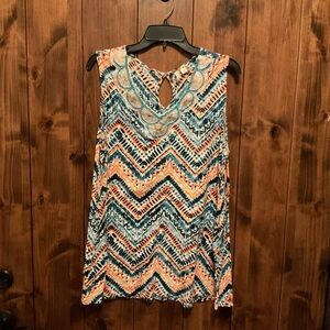 Cato Coral & Blue Printed Sleeveless Tank with Embroidered Yoke